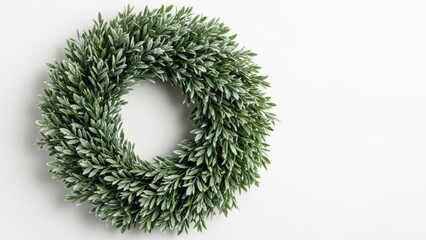 WREATH WITH DEEP GREEN FROSTED FOLIAGE, CRISP TEXTURE, CLEAN MINIMAL WHITE BACKDROP