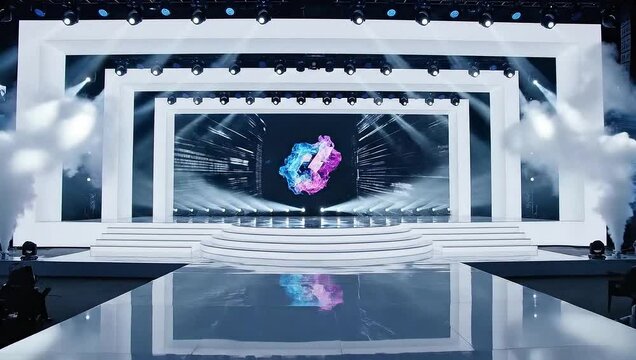Modern stage with vibrant LED screen and reflective floor, ready for a grand event or performance.