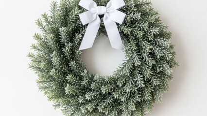  WREATH WITH DEEP GREEN FROSTED FOLIAGE, CRISP TEXTURE, CLEAN MINIMAL WHITE BACKDROP