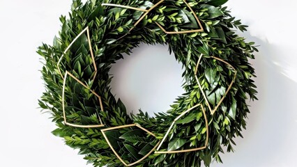 WREATH WITH DEEP GREEN LEAF CLUSTERS SHAPED IN SOFT GEOMETRIC PATTERNS ON WHITE