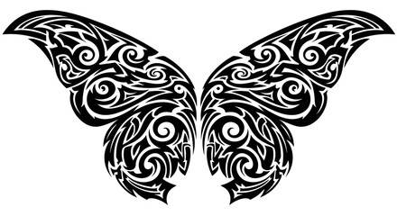 Detailed tribal butterfly wing illustration with intricate swirling patterns and symmetrical