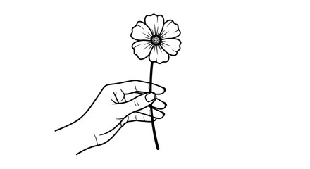 Elegant monochrome line art featuring a hand delicately holding a simple flower illustration