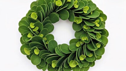  WREATH WITH DEEP GREEN ROUNDED LEAVES, PLUSH TEXTURE, SOFT GLOSS ON WHITE