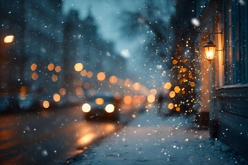 Dreamy twilight winter street scene features golden city lights glowing softly through falling snow with a cinematic bokeh visual effect.