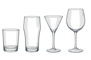 Four empty glasses on a gray background