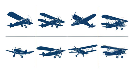 Collection of vintage biplane aircraft silhouettes on white background vector