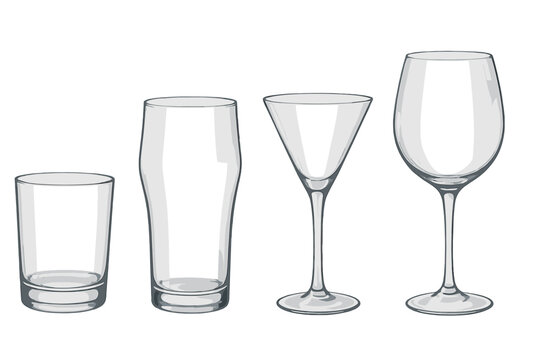 Four empty glasses on a gray background