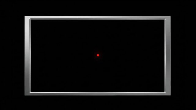 A rectangular silver frame surrounds a black expanse with a single red dot at the center