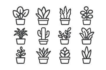 Fototapeta premium Set of 12 potted plant icons with glowing outlines