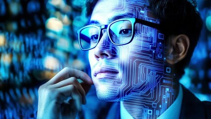 Asian young businessman in glasses analyzes digital technology in an office setting, surrounded by glowing data streams and holographic circuit patterns - Powered by Adobe