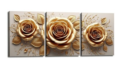 Fototapeta premium Golden roses in a triptych art piece with delicate leaf accents