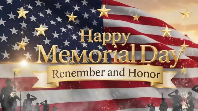 Happy memorial day message with waving american flag and soldiers