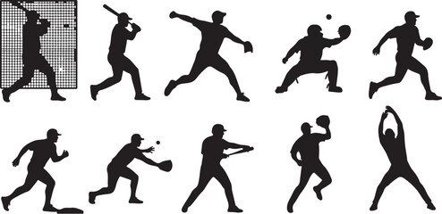 Baseball player action silhouette set