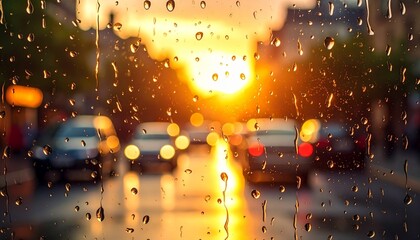 Rainy City Street at Sunset with Cars.