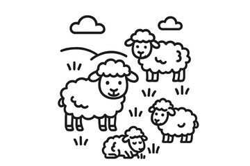 Fototapeta premium Cute sheep in a field with clouds