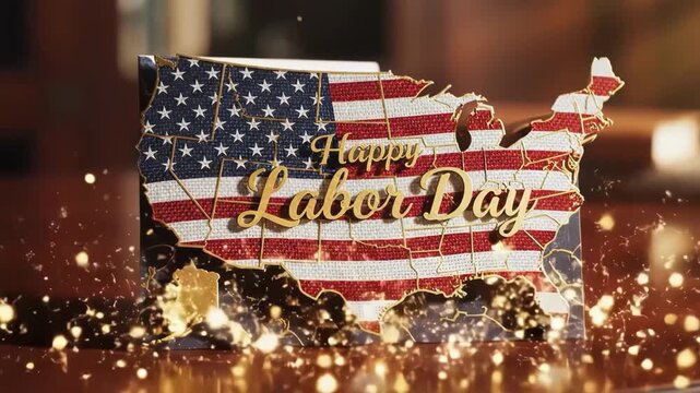 Happy labor day card shaped like the usa map with american flag design