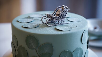 Modern sage green Christmas cake with embossed leaf decorations and ornate silver sleigh topper, subtle frosted finish creating a calm winter forest feel, stylish festive dessert for contemporary cele