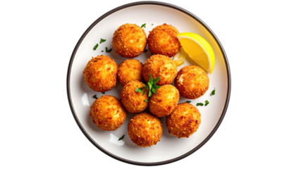 Golden, fried, round appetizers on a white plate with lemon garnish