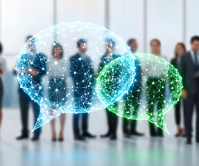 Network connected speech bubble overlaying a diverse group of business people, symbolizing communication technology and digital connection for a modern workplace.
