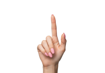 high-resolution macro close-up of a single caucasian female hand with light pink manicure, index finger pointing, isolated on clean transparent background concept of virtual technology interface
