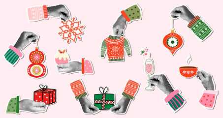 Christmas vector set with halftone hands holding holiday items - present, champagne, ornament, snowflake, pudding and ugly sweater, fun collage design for cards