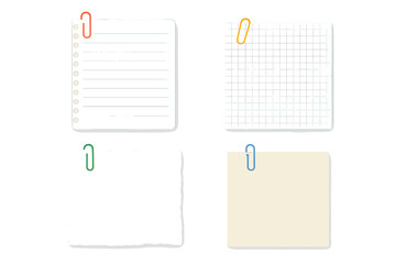 Four notes attached by paper clips on a grey background