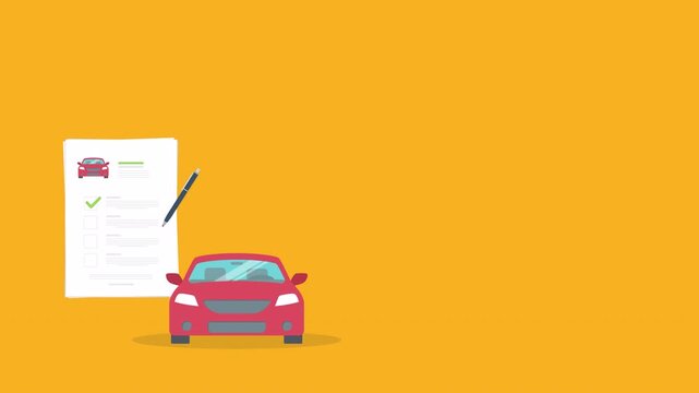 Car insurance document, report. Paper agreement checklist or loan checkmarks form list approved with automobile icon, vehicle financial, car dealership legal deal documentation, 4k Animation