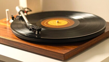 Vintage Turntable Playing Vinyl Record on Wooden Surface.