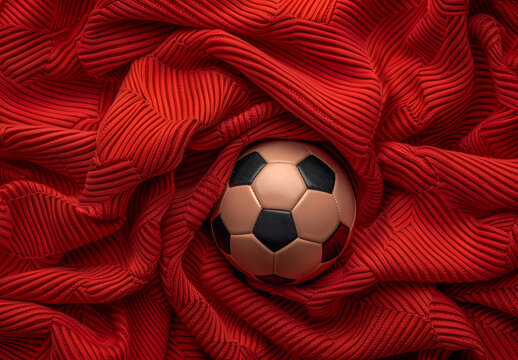 Piłka nożna otoczona czerwonym materiałem &ndash; sportowe tło, pasja kibic&oacute;w i dynamiczna kompozycja.