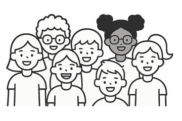 Diverse group of smiling children in a stylized illustration