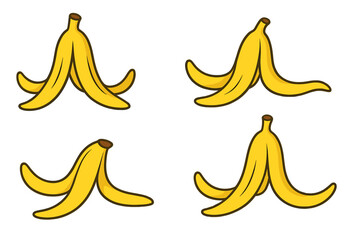 Four cartoon banana peels on a dark yellow background