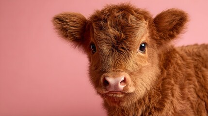 Fototapeta premium Adorable Highland Calf Posing Against a Pink Background, Portrait of a Cute Baby Cow.
