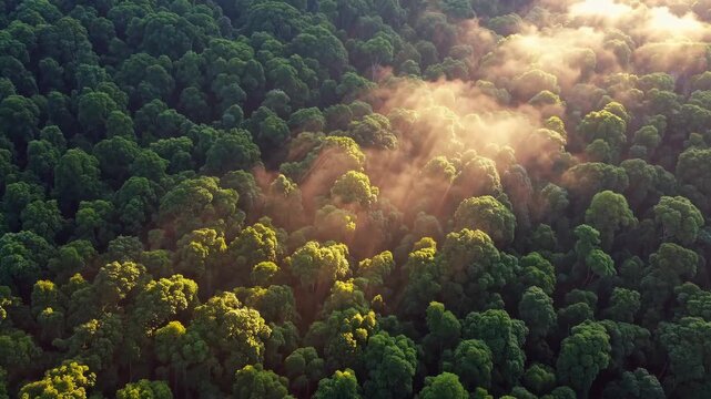 An aerial view of a lush forest canopy basking in the warm glow of sunrise. gentle morning mist envelops the treetops, creating a tranquil and serene atmosphere. sunlight streams through the clouds, t