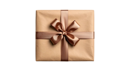 Square gift box wrapped in brown paper with a satin ribbon bow