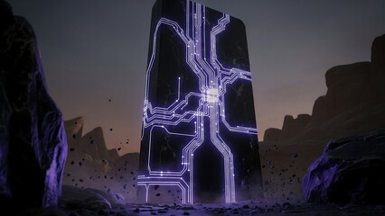 Glowing purple neon circuit on rock.