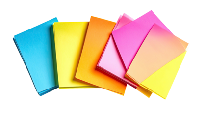 Colorful paper sheets fanned out, vibrant hues arranged in an arc