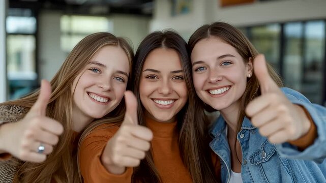 Three cheerful young women with long hair giving thumbs up gesture smiling happily in casual orange sweaters indoor setting