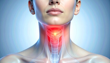 Medical illustration of a human neck showing the thyroid gland highlighted in red to indicate discomfort or inflammation