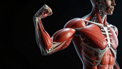 Striking 3D render of the human muscular and skeletal system, showcasing detailed anatomy and the impressive biology of physical strength and human body mechanics