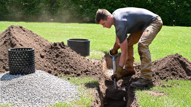 Man digging a trench in a grassy yard with soil piles and drainage materials
