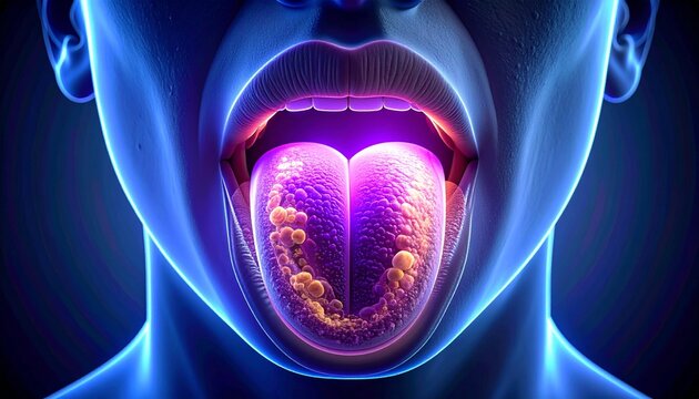 Abstract 3D rendering of the human oral cavity, featuring a glowing and textured tongue, symbolizing an examination of taste buds, oral health, or potential conditions within the mouth