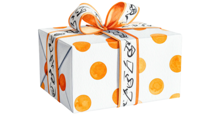 Watercolor gift box with orange polka dots and decorative ribbon