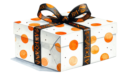 Watercolor illustration of a gift box with a polka-dot pattern and decorative ribbon