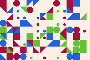 Colorful geometric abstract pattern featuring various shapes creating a modern background design