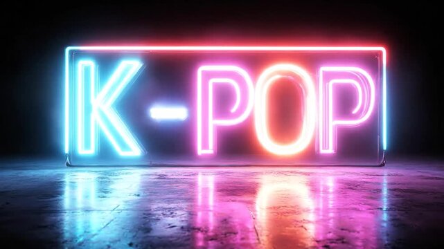 K-pop music neon sign glowing with pink blue light reflected on dark wet street black background. Modern entertainment concert for musical kpop culture. Korean popular cool lifestyle. Cultural Korea.