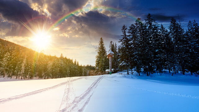 winter landscape with snow covered ground. day and night time change concept. frozen lake among spruce forest with sun and moon. panoramic view of winter wonderland. duality and transition template