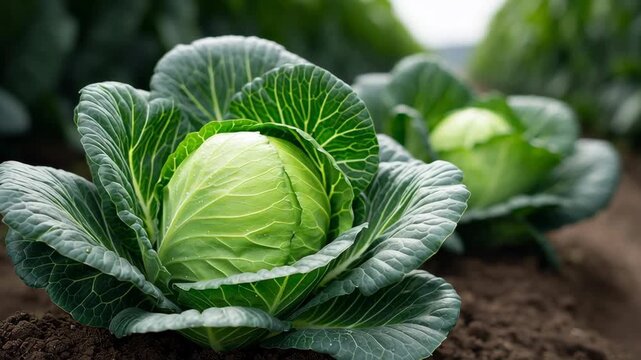 Two large green cabbage heads are growing in the dirt. The leaves are tightly packed and the heads are large and round