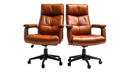 Two stately brown leather office chairs stand side-by-side, on a black background