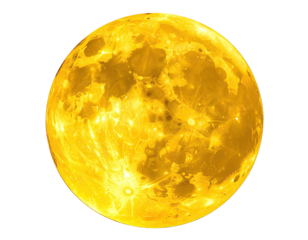 Luminous, detailed golden sphere against a black backdrop, craters visible