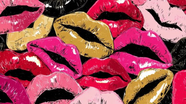 Colorful lip prints are arranged on a dark background, displaying various shades and artistic styles in a creative pattern